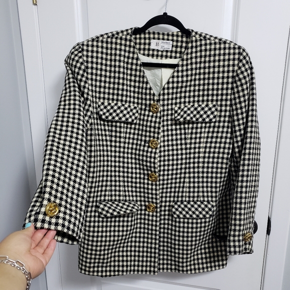 BRAEMAR JEREMY SCOTT 100% Wool Houndstooth Gold Buttons Blazer Jacket - Picture 2 of 14